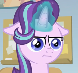 Size: 583x549 | Tagged: safe, edit, edited screencap, imported from derpibooru, screencap, starlight glimmer, pony, unicorn, marks for effort, season 8, spoiler:s08, :i, bust, close-up, female, floppy ears, glowing, glowing horn, horn, i mean i see, magic, magic aura, mare, solo