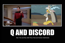 Size: 1821x1214 | Tagged: safe, artist:greenmachine987, imported from derpibooru, discord, draconequus, human, season 2, the return of harmony, caption, image macro, irl, irl human, john de lancie, male, photo, q, star trek, star trek: the next generation, text