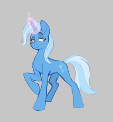 Size: 1280x1386 | Tagged: safe, artist:sketchtablet, imported from derpibooru, trixie, pony, unicorn, female, gray background, lidded eyes, looking back, magic, mare, simple background, smiling, smug, solo