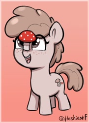 Size: 1016x1402 | Tagged: safe, artist:heretichesh, imported from derpibooru, oc, oc only, earth pony, pony, balancing, female, filly, foal, freckles, gradient background, mushroom, open mouth, open smile, ponies balancing stuff on their nose, smiling, solo