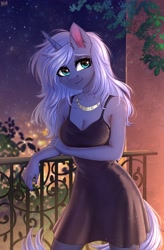 Size: 2500x3800 | Tagged: safe, artist:hakaina, imported from derpibooru, oc, oc only, unnamed oc, anthro, unicorn, anthro oc, balcony, black dress, breasts, cleavage, clothes, dress, eyebrows, female, hand on arm, high res, horn, jewelry, little black dress, looking at you, necklace, not luna, smiling, smiling at you, solo, unicorn oc