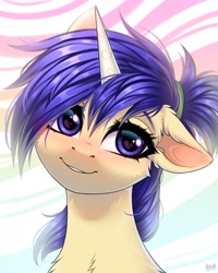 Size: 1640x2048 | Tagged: safe, artist:hakaina, imported from derpibooru, oc, oc only, oc:iris sparkler, pony, unicorn, blushing, one ear down, smiling, solo