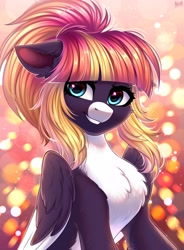 Size: 2500x3400 | Tagged: safe, artist:hakaina, imported from derpibooru, oc, oc only, pegasus, pony, abstract background, bust, colored, colored belly, eyelashes, facial markings, fluffy, grin, high res, looking at you, pale belly, shading, slim, smiling, smiling at you, solo, thin, white belly