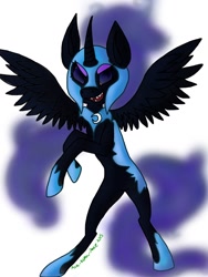 Size: 768x1024 | Tagged: safe, artist:ask-broken-peace, imported from derpibooru, nightmare moon, alicorn, pony, armor, ethereal mane, fangs, female, horn, mare, rearing, simple background, smiling, spread wings, white background, wings