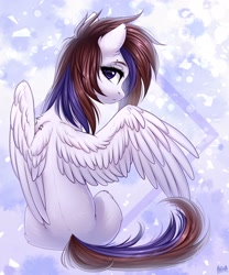 Size: 2500x3000 | Tagged: safe, artist:hakaina, imported from derpibooru, oc, oc only, pegasus, pony, ear piercing, fluffy, looking at you, looking back, looking back at you, partially open wings, piercing, sitting, slim, solo, spine, thin, wing piercing, wings