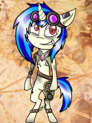 Size: 768x1024 | Tagged: safe, artist:ask-broken-peace, imported from derpibooru, dj pon-3, vinyl scratch, pony, unicorn, bipedal, female, goggles, horn, mare, red eyes, smiling, steampunk, wrong eye color