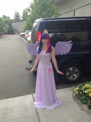 Size: 1936x2592 | Tagged: safe, artist:arcticshadowfox, imported from derpibooru, twilight sparkle, human, bare shoulders, clothes, cosplay, costume, cutie mark on clothes, everfree northwest, everfree northwest 2014, irl, irl human, long dress, photo, sleeveless, solo