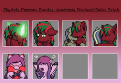 Size: 1208x832 | Tagged: safe, artist:skydreams, imported from derpibooru, oc, oc only, oc:ambrosia firehoof, oc:satin petals, pegasus, unicorn, blushing, drool, ear blush, embarrassed, emoji, emotes, fire, heart, hug, male, patreon, patreon reward, sad, stallion, unshorn fetlocks, yay