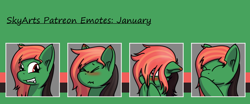 Size: 1200x500 | Tagged: safe, artist:skydreams, imported from derpibooru, oc, oc only, oc:mint chaser, pegasus, blushing, ear blush, fangs, female, giggling, grin, hiding behind mane, patreon, patreon reward, scrunchy face, smiling