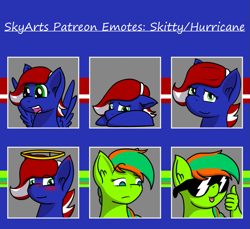Size: 907x832 | Tagged: safe, artist:skydreams, imported from derpibooru, oc, oc only, oc:hurricane, oc:skitty, pegasus, pony, :p, disguise, disguised changeling, emoji, emotes, excited, flop, halo, innocent, patreon, patreon reward, smiling, smirk, spread wings, suddenly hands, sunglasses, thumbs up, tongue out, wings
