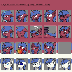 Size: 1500x1500 | Tagged: safe, artist:skydreams, imported from derpibooru, oc, oc only, oc:cloudy night, oc:sparky showers, alicorn, bat pony, bat pony alicorn, :p, angry, bat wings, blue screen of death, blushing, coffee mug, dead, disgusted, drool, ear blush, ear piercing, earring, emoji, emotes, excited, facehoof, fangs, flop, food, glasses, hmm, horn, hypnosis, hypnotized, jewelry, magic, mango, mug, one eye closed, patreon, patreon reward, piercing, pointing, sleepy, smiling, telekinesis, tired, tongue out, wings, wink, x eyes