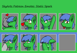 Size: 1202x827 | Tagged: safe, artist:skydreams, imported from derpibooru, oc, oc only, oc:staticspark, changeling, :p, blushing, boop, deadpan, disguise, disguised changeling, ear blush, emoji, emotes, facehoof, heart, hug, love, male, patreon, patreon reward, pointing, stallion, tongue out