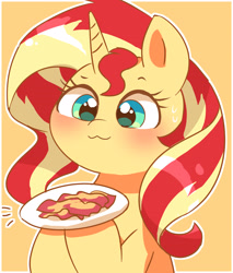 Size: 2897x3400 | Tagged: safe, artist:leo19969525, imported from derpibooru, sunset shimmer, pony, unicorn, equestria girls, :3, bacon, bacon hair, blushing, cute, female, food, green eyes, horn, mare, meat, omnivore sunset, ponies eating meat, shimmerbetes, simple background, solo, subversion, subverted meme, sunset wants her old digestive system back, yellow background