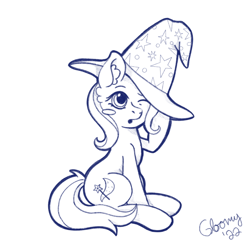 Size: 640x640 | Tagged: safe, artist:gloompone, imported from derpibooru, trixie, pony, unicorn, blush sticker, blushing, clothes, cute, diatrixes, ear fluff, female, hat, lineart, monochrome, sitting, solo, stars, tail, trixie's hat