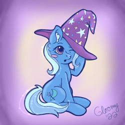 Size: 640x640 | Tagged: safe, artist:gloompone, imported from derpibooru, trixie, pony, unicorn, blush sticker, blushing, clothes, cute, diatrixes, ear fluff, female, hat, signature, sitting, solo, stars, tail, trixie's hat