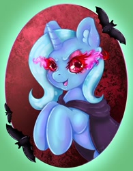 Size: 640x822 | Tagged: safe, artist:gloompone, imported from derpibooru, trixie, bat, pony, unicorn, cape, clothes, cute, diatrixes, eye mist, female, horn, red eyes, solo