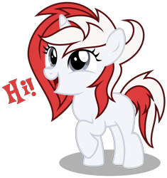 Size: 3170x3370 | Tagged: safe, artist:strategypony, imported from derpibooru, oc, oc only, oc:stock piston, pony, unicorn, blank flank, cute, daaaaaaaaaaaw, dialogue, female, filly, foal, greeting, hi, horn, ocbetes, raised hoof, simple background, text, transparent background, unicorn oc, younger