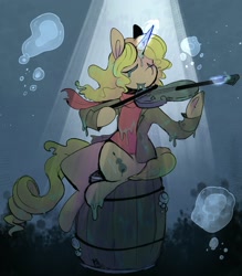Size: 2531x2892 | Tagged: safe, artist:urbanqhoul, imported from derpibooru, oc, oc only, oc:sonet soulsong, pony, undead, unicorn, barrel, bubble, magic, musical instrument, sitting, solo, underwater, violin
