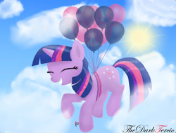 Size: 1600x1200 | Tagged: safe, artist:thedarktercio, imported from derpibooru, twilight sparkle, pony, unicorn, balloon, behaving like pinkie pie, cute, eyes closed, female, floating, grin, smiling, solo, then watch her balloons lift her up to the sky, unicorn twilight