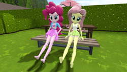 Size: 800x450 | Tagged: safe, artist:shinxboy, imported from derpibooru, fluttershy, pinkie pie, human, equestria girls, 3d, barefoot, feet, gmod, grass, missing shoes