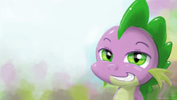 Size: 1920x1080 | Tagged: safe, alternate version, artist:kp-shadowsquirrel, imported from derpibooru, spike, dragon, bust, portrait, smiling, smirk, solo, wallpaper