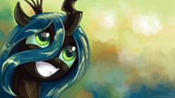 Size: 1920x1080 | Tagged: safe, alternate version, artist:kp-shadowsquirrel, imported from derpibooru, queen chrysalis, changeling, changeling queen, bust, female, grin, portrait, smiling, solo, wallpaper