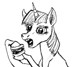 Size: 533x478 | Tagged: safe, artist:necromarecy, imported from derpibooru, twilight sparkle, pony, unicorn, burger, eyebrows, eyelashes, female, food, grayscale, hoers, hoof hold, horn, mare, monochrome, open mouth, simple background, solo, twilight burgkle, white background