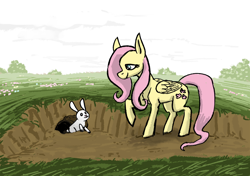 Size: 2000x1404 | Tagged: safe, artist:necromarecy, imported from derpibooru, fluttershy, pegasus, pony, rabbit, animal, raised hoof, solo