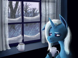 Size: 1600x1200 | Tagged: safe, alternate version, artist:necromarecy, imported from derpibooru, trixie, pony, unicorn, cup, looking out the window, mug, one ear down, sad, snow, solo, the sad and depresive trixie, tree, window, winter