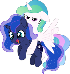 Size: 3956x4145 | Tagged: safe, artist:pencil_draw_indo, artist:thatusualguy06, imported from derpibooru, princess celestia, princess luna, alicorn, pony, .svg available, :d, :t, absurd resolution, base used, celestia is not amused, cewestia, duo, duo female, female, filly, flying, folded wings, holding a pony, open mouth, open smile, royal sisters, siblings, simple background, sisters, smiling, svg, transparent background, unamused, vector, wings, woona, younger