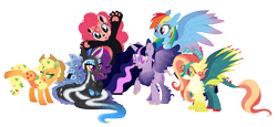 Size: 1773x818 | Tagged: safe, artist:unoriginai, imported from derpibooru, applejack, fluttershy, pinkie pie, rainbow dash, rarity, twilight sparkle, alicorn, bear, changeling, cockatrice, hippogriff, hybrid, monster pony, original species, quetzalcoatl, red panda, red panda pony, siren, timber pony, timber wolf, ursa, ursa minor, alternate universe, hipposiren, mane six, simple background, species swap, transparent background, twilight sparkle (alicorn), ursa pony