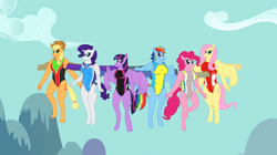 Size: 1280x719 | Tagged: safe, artist:mlp-headstrong, imported from derpibooru, applejack, fluttershy, pinkie pie, rainbow dash, rarity, twilight sparkle, alicorn, anthro, clothes, flying, jetpack, leotard, mane six, requested art, sky, smiling, twilight sparkle (alicorn)