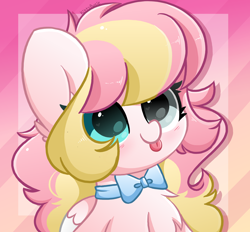 Size: 2800x2600 | Tagged: safe, artist:kittyrosie, imported from derpibooru, oc, oc only, oc:ninny, pegasus, pony, bow, bowtie, chest fluff, cute, heterochromia, kittyrosie is trying to murder us, ocbetes, pegasus oc, solo, tongue out