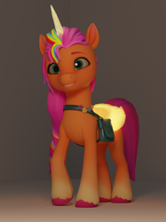 Size: 768x1028 | Tagged: safe, anonymous artist, imported from derpibooru, sunny starscout, alicorn, earth pony, pony, 3d, 3d model, alicornified, artificial horn, artificial wings, augmented, bag, blender, female, folded wings, g5, horn, magic, magic horn, magic wings, mare, my little pony: a maretime bay adventure, pins, race swap, saddle bag, smiling, solo, sunnycorn, wings