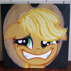 Size: 2000x2000 | Tagged: safe, artist:kp-shadowsquirrel, imported from derpibooru, applejack, pony, party of one, acrylic painting, bad poker face, bust, looking away, portrait, solo, traditional art