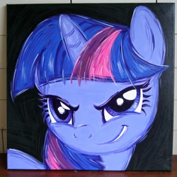 Size: 2000x2000 | Tagged: safe, artist:kp-shadowsquirrel, imported from derpibooru, twilight sparkle, pony, a bird in the hoof, >:), acrylic painting, bust, evil grin, evil twilight, grin, rapeface, smiling, smirk, solo, traditional art