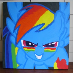 Size: 2000x2000 | Tagged: safe, artist:kp-shadowsquirrel, imported from derpibooru, rainbow dash, pegasus, pony, dragonshy, acrylic painting, face paint, grin, smiling, solo, spread wings, traditional art, wings