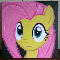 Size: 2000x2000 | Tagged: safe, artist:kp-shadowsquirrel, imported from derpibooru, fluttershy, pony, a bird in the hoof, acrylic painting, bust, frown, looking at you, portrait, solo, traditional art