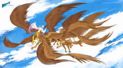 Size: 13328x7432 | Tagged: safe, artist:hynvale, imported from derpibooru, gilda, anthro, centaur, griffon, griffon centaur, taur, absurd resolution, anthro centaur, beak, breasts, cloud, commission, featureless breasts, female, flying, looking at you, multiple limbs, multiple wings, open beak, open mouth, smiling, smiling at you, solo, taur train, wings