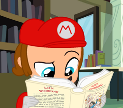 Size: 944x828 | Tagged: safe, artist:favoriteartman, artist:starchase-bases, artist:user15432, imported from derpibooru, human, equestria girls, alice, alice in wonderland, barely eqg related, base used, book, bookshelf, cap, clothes, crossover, equestria girls style, equestria girls-ified, fairy tale, gloves, hat, library, mario, mario's hat, reading, shirt, solo, super mario bros., undershirt