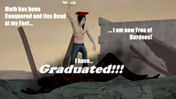 Size: 3840x2160 | Tagged: safe, artist:mr-wolfapex, imported from derpibooru, oc, oc only, oc:kurt marek (electro-crit), anthro, 3d, blood, clothes, graduation, graduation cap, hat, male, partial nudity, ruins, text, topless, victory
