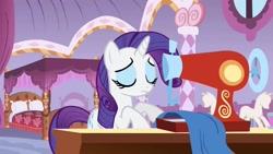Size: 1280x720 | Tagged: safe, imported from derpibooru, screencap, rarity, pony, unicorn, season 1, stare master, bedroom, carousel boutique, female, mannequin, mare, sewing, sewing machine, table
