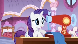 Size: 1280x720 | Tagged: safe, imported from derpibooru, screencap, rarity, pony, unicorn, season 1, stare master, bedroom, carousel boutique, female, mannequin, mare, sewing, sewing machine, table