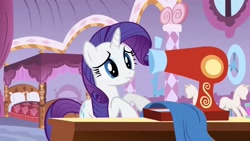 Size: 1280x720 | Tagged: safe, imported from derpibooru, screencap, rarity, pony, unicorn, season 1, stare master, bedroom, carousel boutique, female, mannequin, mare, sewing, sewing machine, table