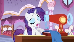 Size: 1280x720 | Tagged: safe, imported from derpibooru, screencap, rarity, pony, unicorn, season 1, stare master, bedroom, carousel boutique, female, mannequin, mare, sewing, sewing machine, table