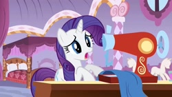 Size: 1280x720 | Tagged: safe, imported from derpibooru, screencap, rarity, pony, unicorn, season 1, stare master, bedroom, carousel boutique, female, mannequin, mare, sewing, sewing machine, table