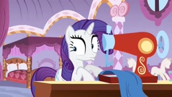 Size: 1280x720 | Tagged: safe, imported from derpibooru, screencap, rarity, pony, unicorn, season 1, stare master, bedroom, carousel boutique, duckface, female, mannequin, mare, meme origin, pouting, sewing, sewing machine, table