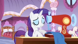 Size: 1280x720 | Tagged: safe, imported from derpibooru, screencap, rarity, pony, unicorn, season 1, stare master, bedroom, carousel boutique, female, mannequin, mare, sewing, sewing machine, table