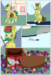 Size: 734x1089 | Tagged: safe, artist:calamity-studios, imported from derpibooru, oc, oc:bunny beat, pony, comic:black star tales, coffin, comic, dead, drowned, female, fishing, fishing rod, flower, male, mare, stallion