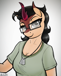 Size: 2480x3080 | Tagged: safe, artist:apocheck13, imported from derpibooru, oc, oc only, oc:hexen, anthro, kirin, anthro oc, breasts, bust, clothes, dog tags, eyebrows, female, furry, glasses, gradient background, gray eyes, high res, kirin oc, looking at you, reasonably sized breasts, shirt, signature, smiling, smiling at you, solo